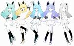  2boys 3girls :&lt; :d absurdres all_i_can_see_is_you_(vocaloid) androgynous animal_ears aqua_eyes aqua_hair arm_up black_socks blonde_hair blue_eyes blue_hair closed_mouth collared_shirt commentary_request fang floppy_ears full_body grey_eyes grey_hair highres kneehighs long_hair long_sleeves looking_at_viewer mary_janes multiple_boys multiple_girls open_mouth own_hands_together personality_i personality_ii personality_iii personality_iv personality_v pleated_skirt purple_hair shirt shoes skin_fang skirt sleeves_past_wrists smile socks sweatdrop umenatto710 violet_eyes vocaloid waving white_footwear white_shirt white_skirt yellow_eyes 
