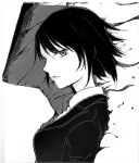  1girl ajin_(sakurai_gamon) black_hair decay dissolving eyelashes facing_to_the_side ghost ibm_(ajin) lips looking_at_viewer monochrome monster raia1224 shimomura_izumi shirt short_hair suit undershirt white_background white_shirt 