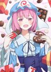  1girl absurdres beckody blue_bow blue_kimono blue_ribbon blush bow candy cherry_blossom_print chocolate chocolate_bar commentary_request floral_print food frilled_kimono frills gift hat heart heart-shaped_chocolate highres holding holding_chocolate holding_food japanese_clothes kimono long_sleeves looking_at_viewer mob_cap neck_ribbon open_mouth pink_eyes pink_hair print_kimono ribbon saigyouji_yuyuko sleeve_garter smile solo touhou triangular_headpiece valentine waist_bow wide_sleeves 