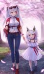  2girls age_difference azur_lane blue_pants breasts cherry_blossoms child cross_hair_ornament eyewear_on_head hair_ornament highres jewelry little_prinz_eugen_(azur_lane) multicolored_hair multiple_girls navel necklace outdoors pants prinz_eugen_(azur_lane) red_footwear shirt smile spring_(season) striped_hair two-tone_hair two_side_up waa!_okami walking white_shirt yellow_eyes 