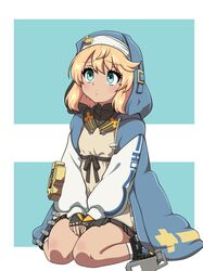  1girl 6kan androgyne_symbol aqua_eyes black_gloves blonde_hair blush border bridget_(guilty_gear) commentary female_focus fingerless_gloves gloves guilty_gear guilty_gear_strive habit highres hood hood_up hooded_jacket jacket long_sleeves looking_up medium_hair open_clothes sitting skirt solo white_border 