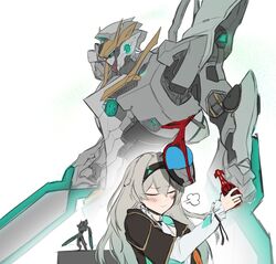  1girl black_hairband black_jacket closed_eyes cropped_jacket firefly_(honkai:_star_rail) frilled_sleeves frills grey_armor grey_hair hairband highres holding holding_sword holding_weapon honkai:_star_rail honkai_(series) jacket kamen_rider kamen_rider_kabuto kamen_rider_kabuto_(series) long_hair long_sleeves mask puff_of_air sam_(honkai:_star_rail) smile sword tkl weapon 