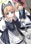  2girls absurdres animal_ear_headphones animal_ears apron blonde_hair blue_archive blurry blurry_background broom cat_ear_headphones cat_tail commentary_request fake_animal_ears fake_tail green_eyes green_halo halo headphones highres holding holding_broom indoors looking_at_viewer maid maid_apron maid_headdress melerdon midori_(blue_archive) midori_(maid)_(blue_archive) momoi_(blue_archive) momoi_(maid)_(blue_archive) multiple_girls official_alternate_costume red_eyes short_hair siblings sisters tail twins 