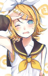  1girl annoyed aqua_eyes black_sailor_collar blonde_hair bow detached_sleeves fang flat_chest hair_bow hair_ornament hairclip hand_on_own_forehead highres hot kagamine_rin mai_mugi neckerchief no_pupils one_eye_closed sailor_collar signature skin_fang skinny solo spiral_background sweat uncomfortable vocaloid wavy_mouth white_bow yellow_nails yellow_neckerchief 