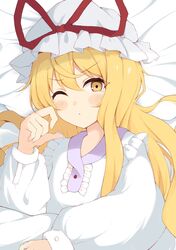  1girl bed_sheet blonde_hair collared_dress commentary_request dot_nose dress frills hair_between_eyes hat hat_ribbon highres iyo_mamoru long_hair long_sleeves lying mob_cap on_back one_eye_closed puffy_long_sleeves puffy_sleeves red_ribbon ribbon rubbing_eyes sidelocks solo tearing_up touhou v-shaped_eyebrows very_long_hair white_dress white_hat yakumo_yukari yellow_eyes 