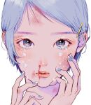  1girl artist_name blood blue_nails bruise bruise_on_face closed_mouth crying crying_with_eyes_open dated fingernails hair_ornament hairclip highres injury looking_at_viewer nail_polish nosebleed original portrait short_hair signature simple_background solo teardrop tears white_background yoshino_ganko 