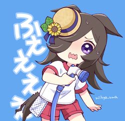  1girl animal_ears blue_background brown_hair chibi cowboy_shot ears_down flower hair_over_one_eye hat hat_flower holding holding_hose horse_ears horse_girl horse_tail hose hose_nozzle long_hair looking_at_viewer mini_hat mopiwo nervous_sweating open_mouth red_shorts rice_shower_(umamusume) shirt short_sleeves shorts simple_background solo sweat tail twitter_username umamusume violet_eyes wavy_mouth white_shirt 