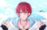  1boy adol_christin ahoge artist_name bird black_gloves blue_eyes blue_sky clouds double-parted_bangs english_commentary fingerless_gloves gloves hair_between_eyes highres jewelry maskyarts pendant portrait redhead short_hair sky smile solo upper_body ys ys_x_nordics 