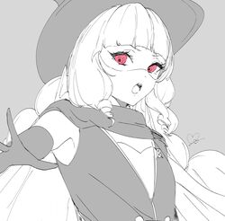  artist_request blunt_bangs braid cape delicious_party_precure drill_hair drill_sidelocks elbow_gloves elbow_sleeve eye_mask gentlu_(precure) gloves grey_background grey_cape grey_gloves grey_hat grey_vest greyscale hat kasai_amane monochrome open_mouth precure red_eyes sidelocks sleeveless twin_braids twin_drills vest 