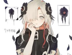  1girl anemone_(flower) black_coat black_flower coat cross cross_earrings earrings falling_petals flower grey_eyes grey_hair hair_flower hair_ornament hair_over_one_eye hand_on_own_face hand_up high_collar highres isekai_joucho jewelry kamitsubaki_studio long_hair looking_at_viewer multicolored_coat multicolored_hair petals red_coat redhead short_sleeves solo sparkle streaked_hair toke_ino two-tone_hair upper_body virtual_youtuber white_background zipper_pull_tab 