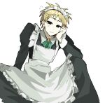  1boy alternate_costume apron atou_haruki black_dress black_eyes blonde_hair brooch chinese_commentary closed_mouth collared_dress commentary_request crossdressing dress enmaided flying_sweatdrops frilled_apron frills green_ribbon head_rest highres jewelry long_sleeves maid maid_apron maid_headdress male_focus male_maid necktie ribbon saibou_shinkyoku short_hair simple_background smile solo white_apron white_background xingzou_de_fanshu yellow_brooch 