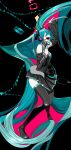  1girl absurdly_long_hair aqua_hair bare_shoulders black_background black_skirt black_thighhighs boots breasts closed_eyes detached_sleeves hatsune_miku highres lantern_madoyoi long_hair long_sleeves miniskirt necktie open_mouth pleated_skirt skirt smile solo teeth thigh-highs thigh_boots twintails upper_teeth_only very_long_hair vocaloid zettai_ryouiki 