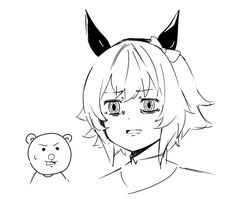  1boy 1girl animal_ears bow crossover curren_chan_(umamusume) ear_bow ear_covers gag_manga_biyori greyscale horse_ears horse_girl kedama_(touhou0514) kumakichi_(character) masuda_kousuke_(style) monochrome short_hair simple_background umamusume white_background 