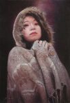  1girl absurdres asian black_background blanket buttons fur_trim highres hood looking_at_viewer naohiro_ito oil_painting_(medium) original painting_(medium) realistic solo traditional_media 