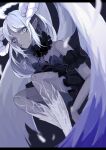  1girl absurdres bare_legs bare_shoulders earrings feathered_wings frills goma_irasuto highres horns jewelry long_hair looking_at_viewer original parted_lips pointy_ears signature very_long_hair white_hair wings 