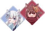  2girls :d ;) animal_ear_fluff animal_ears bai_yuxiu blue_eyes blush brown_eyes brown_hair cat_ears cat_girl cat_tail chibi closed_mouth fang feng_ling&#039;er fengling_yuxiu fox_ears fox_girl fox_mask fox_tail grey_hair hair_ornament long_hair looking_at_viewer mask mask_on_head multiple_girls one_eye_closed open_mouth red_scarf scarf shane-f sleeves_past_fingers sleeves_past_wrists smile tail white_hair 
