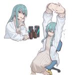  1girl arms_up black_eyes blue_hair blush bottle can closed_eyes dress head_rest interlocked_fingers jacket layered_sleeves long_hair long_sleeves multiple_views open_clothes open_jacket project:anemone simple_background sitting stretching sweater sweater_dress teshima_nari translation_request white_background white_jacket 