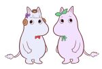 bow bowtie brown_hat chibi ear_covers ear_ribbon gold_ship_(umamusume) gomashio_(goma_feet) green_bow green_ribbon hat mejiro_mcqueen_(umamusume) mini_hat moomin moomintroll purple_bow red_bow red_bowtie ribbon simple_background standing umamusume white_background 