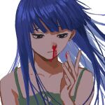  1girl bare_shoulders black_eyes blood blood_on_face blue_hair dress expressionless furude_rika green_dress higurashi_no_naku_koro_ni long_hair looking_at_hand nasu_(nasuotabe) nosebleed simple_background solo upper_body white_background 