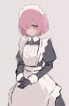  1girl alternate_costume apron blush closed_mouth collared_dress dress enmaided fate/grand_order fate_(series) frilled_apron frilled_hairband frills gloves grey_dress grey_gloves hair_over_one_eye hairband handa_guryu juliet_sleeves long_bangs long_sleeves looking_at_viewer maid maid_apron maid_day maid_headdress mash_kyrielight melty_blood:_type_lumina pink_hair puffy_sleeves short_hair simple_background smile solo violet_eyes white_apron white_background wrist_cuffs 