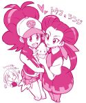  3girls :d commentary_request dress exposed_pocket eyelashes food hair_ribbon hat heart hilda_(pokemon) holding holding_food ice_cream kenchi long_hair monochrome multiple_girls open_mouth pantyhose pokemon pokemon_bw pokemon_oras pokemon_xy ribbon roxanne_(pokemon) shirt short_sleeves shorts sidelocks smile teeth tongue tongue_out translation_request twintails upper_teeth_only vest viola_(pokemon) 
