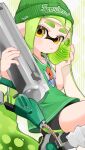  1girl absurdly_long_hair argyle_background beanie bike_shorts black_shorts blunt_bangs blush_stickers burst_bomb_(splatoon) closed_mouth commentary e-liter_3k_(splatoon) green_background green_hair green_hat grey_footwear hat highres holding holding_weapon inkling inkling_girl inkling_player_character jersey long_hair looking_at_viewer multicolored_footwear pointy_ears sahata_saba shirt shoes short_sleeves shorts sneakers socks solo splatoon_(series) squatting tentacle_hair thick_eyebrows twintails two-tone_background very_long_hair weapon white_background white_shirt white_socks yellow_eyes 
