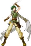  1boy arm_up bag belt clenched_hand dagger fingerless_gloves fire_emblem fire_emblem:_path_of_radiance full_body gloves green_hair green_vest highres holding holding_dagger holding_knife holding_weapon keyring kita_senri knife looking_to_the_side official_art pants satchel sleeveless solo sothe_(fire_emblem) vest weapon yellow_eyes yellow_pants 