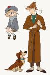  1boy 1girl animal ascot basil_(mouse) basset_hound blue_hat blue_jacket blue_scarf blush_stickers brown_coat brown_footwear brown_hair brown_skirt child coat deerstalker dog full_body green_ascot hat highres holding holding_leash humanization jacket leash long_sleeves olivia_flaversham pleated_skirt scarf shirt simple_background skirt tears the_great_mouse_detective toby_(great_mouse_detective) uochandayo white_background white_footwear white_shirt 