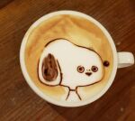  animal_focus coffee commentary_request cup dog george_(yamamoto_kazuki) highres latte_art latte_art_(medium) looking_at_viewer no_humans open_mouth original peanuts_(comic) photo_(medium) portrait sacabambaspis smile snoopy solo triangle_mouth unconventional_media 