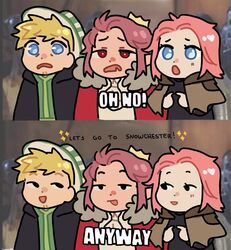  1girl 2boys ascot blonde_hair blue_eyes cape chibi chibi_only commentary crown derivative_work dream_smp english_commentary english_text fur_trim gomi_(gomiidd) green_kimono hat highres humanization japanese_clothes kimono medium_hair meme minecraft_youtube multiple_boys nihachu oh_no!_anyway_(meme) open_mouth ph1lza pink_hair red_cape red_eyes short_hair sparkle technoblade 