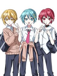  3boys akita_nero akita_neru bag black_choker black_pants blonde_hair blue_eyes blue_hair brown_sweater candy choker closed_mouth clothes_around_waist collared_shirt double_v ear_piercing eating food genderswap hair_ornament hatsune_miku hatsune_mikuo kasane_ted kasane_teto lollipop looking_at_viewer mouth_hold multiple_boys necktie pants piercing pink_necktie red_eyes redhead ribbed_sweater school_uniform shirt short_hair short_sleeves shoulder_bag striped_necktie sweater sweater_around_waist uniform utau uwu101016 v vocaloid white_shirt yellow_eyes 