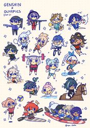  2024_summer_olympics 6+boys 6+girls absurdres albedo_(genshin_impact) ball barbara_(genshin_impact) bicycle black_hair blue_hair brown_hair candace_(genshin_impact) chevreuse_(genshin_impact) chibi dark-skinned_female dark-skinned_male dark_skin dehya_(genshin_impact) diluc_(genshin_impact) exercising genshin_impact gorou_(genshin_impact) green_hair highres horse kaedehara_kazuha kaeya_(genshin_impact) kamisato_ayaka kayak kinich_(genshin_impact) light_blue_hair mualani_(genshin_impact) multiple_boys multiple_girls noelle_(genshin_impact) notice_lines nya_deko olympics one_eye_closed open_mouth pink_hair purple_hair redhead sangonomiya_kokomi scaramouche_(genshin_impact) shenhe_(genshin_impact) sportswear surfing volleyball_(object) volleyball_uniform wanderer_(genshin_impact) weightlifting white_hair xiao_(genshin_impact) yelan_(genshin_impact) yoimiya_(genshin_impact) 