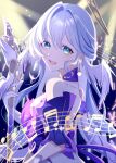  1girl aqua_eyes asymmetrical_gloves bare_shoulders ch1yo_(cy_ch1yo) dress earrings facial_mark from_side gloves hair_between_eyes halo head_wings holding holding_staff honkai:_star_rail honkai_(series) jewelry long_hair looking_at_viewer musical_note open_mouth purple_dress robin_(honkai:_star_rail) smile solo staff standing two-tone_dress uneven_gloves upper_body wings 