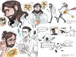  arm_hair bagel bags_under_eyes beard brown_hair cheekbones clenched_hands clipboard ddyun_923 dummy facial_hair falling finger_to_own_chin food glasses hair_bun highres holding holding_clipboard holding_food jonathan_ohnn korean_text lab_coat lanyard long_hair lying male_focus marvel miles_morales mole mole_under_eye multiple_views on_back opaque_glasses profile puff_of_air slouching spider-man:_across_the_spider-verse spider-man_(series) spider-verse spot_(marvel) sweatdrop thrown_food translation_request walking 