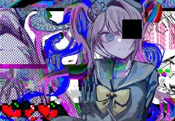  1girl beret blonde_hair blue_bow blue_eyes blue_hair blue_hat bow chouzetsusaikawa_tenshi-chan closed_mouth commentary_request copyright_name cubism_(needy_girl_overdose) distortion glitch hat highres long_hair looking_at_viewer multicolored_hair needy_girl_overdose official_alternate_costume one_eye_covered pink_bow pink_hair purple_bow quad_tails sailor_collar saki_(sa_saki414) smile solo upper_body 