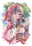  1girl animal_ears black_hair black_ribbon breasts brown_corset brown_gloves cape closed_mouth collared_shirt corset fire_emblem fire_emblem_fates frown fuussu_(21-kazin) gloves grey_hair hand_up hood hood_up hooded_cape long_hair medium_bangs medium_breasts multicolored_hair neck_ribbon orange_eyes ribbon shirt solo split_mouth streaked_hair tail tail_raised two-tone_hair upper_body velouria_(fire_emblem) white_shirt wolf_ears wolf_girl wolf_tail 