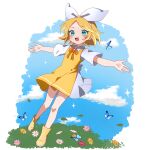  1girl :3 absurdres alternate_costume ankle_boots aqua_eyes blonde_hair blouse blue_butterfly blue_sky boots bow bow_hairband bug butterfly chibi clouds collared_shirt dress flower full_body grass hair_bow hairband highres kagamine_rin light_blush looking_at_viewer mototaku neck_ribbon orange_ribbon outstretched_arms pinafore_dress ribbon shirt short_dress short_hair sky sleeveless sleeveless_dress smile sparkle_background standing standing_on_one_leg two-tone_dress vocaloid white_bow white_hairband white_shirt yellow_dress yellow_footwear 