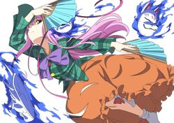  1girl blue_fire bow bowtie commission fire fox_mask green_shirt gyouza_(mhea5724) hand_fan hata_no_kokoro highres holding holding_fan long_hair mask noh_mask oni_mask orange_skirt pink_eyes pink_hair plaid_clothes plaid_shirt purple_bow purple_bowtie shirt skeb_commission skirt solo touhou white_background 