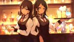  2girls absurdres bang_dream! bang_dream!_it&#039;s_mygo!!!!! bartender black_hair black_vest blush bottle closed_mouth commentary commission cup dated drinking_glass earclip earrings english_commentary highres holding holding_cup jewelry long_hair long_sleeves looking_at_viewer medium_hair mole mole_under_eye multiple_girls rnna shiina_taki shirt signature textless_version twitter_username vest violet_eyes white_eyes white_shirt yahata_umiri 