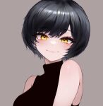  1girl absurdres bare_shoulders black_hair black_sweater breasts brown_background highres looking_at_viewer medium_breasts original radi_(pixiv_88192217) short_hair simple_background sleeveless sleeveless_sweater smile smirk solo sweater swept_bangs turtleneck turtleneck_sweater upper_body yellow_eyes 