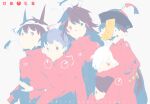  brown_hair character_request hat heterochromia horns jacket long_sleeves mili_(band) multicolored_hair ofuda open_mouth pointy_ears qc_(mili) qingdai_guanmao red_eyes red_jacket red_sousaku redhead simple_background smile streaked_hair torino_(mili) white_background 