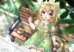  1girl :d absurdres animal_ear_fluff animal_ears bench blonde_hair blurry box cat_ears cat_girl cat_tail depth_of_field dress fang frilled_dress frills from_above grass green_dress hat heart-shaped_box highres holding holding_leaf leaf long_hair looking_at_viewer looking_up on_bench open_mouth original pinafore_dress puffy_short_sleeves puffy_sleeves shirt short_sleeves sitting skin_fang sleeveless sleeveless_dress smile sunlight tail unworn_hat unworn_headwear white_shirt xiao_baixiong_tat 