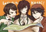  3boys black_bow black_bowtie black_hair bow bowtie brown_capelet brown_hair brown_hat bungou_stray_dogs capelet closed_eyes collared_shirt commentary_request edgar_allan_poe_(bungou_stray_dogs) edogawa_ranpo_(bungou_stray_dogs) english_text flying_sweatdrops green_jacket grey_eyes hair_over_one_eye hand_up hat highres holding holding_map holding_paper jacket long_sleeves male_focus map multiple_boys neckerchief necktie norimizu oguri_mushitarou_(bungou_stray_dogs) open_mouth orange_background paper pointing polka_dot polka_dot_background shirt short_hair sweat sweatdrop swept_bangs upper_body vest white_neckerchief white_shirt yellow_eyes 