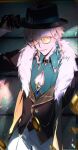  1boy aqua_shirt aventurine_(honkai:_star_rail) black_gloves black_hat blonde_hair closed_mouth clothing_cutout collared_shirt earrings fur_trim glasses gloves hair_between_eyes hat highres honkai:_star_rail honkai_(series) jewelry lirisy looking_at_viewer male_focus shirt short_hair solo tinted_eyewear 