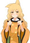 1girl animal_ears blonde_hair closed_mouth commentary_request detached_sleeves dot_nose green_skirt hair_between_eyes hands_up highres iyo_mamoru light_blush light_frown long_hair looking_at_viewer looking_to_the_side matara_okina orange_sleeves orange_tabard paw_pose print_tabard skirt solo split_mouth sweat tabard touhou unaligned_ears white_background white_undershirt wide_sleeves yellow_eyes 