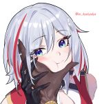  1girl dyadyadya gradient_eyes grey_hair hand_on_another&#039;s_cheek hand_on_another&#039;s_face highres honkai:_star_rail honkai_(series) multicolored_eyes multicolored_hair portrait puffy_cheeks simple_background solo_focus streaked_hair topaz_(honkai:_star_rail) white_background 