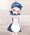 1girl ahoge angry apron artist_name back_bow blue_bow blue_bowtie blue_dress blue_eyes blue_hair blurry blurry_background blush bow bowtie buttons child closed_mouth cowboy_shot crossed_arms dress earrings english_commentary forehead frilled_apron frilled_dress frills hair_bow hairband highres jewelry looking_to_the_side maid maid_apron medium_hair mixed-language_commentary ojamajo_doremi pinkbunnyjuice puffy_short_sleeves puffy_sleeves senoo_aiko short_sleeves standing v-shaped_eyebrows white_apron white_bow white_hairband 