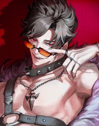  1boy absurdres adjusting_eyewear alternate_costume bare_shoulders belial_(granblue_fantasy) belial_(summer)_(granblue_fantasy) black-framed_eyewear black_collar black_hair black_straps chest_strap collar fangs feather_boa feathers fingernails granblue_fantasy hand_chains hand_up head_tilt highres jewelry looking_to_the_side male_focus mokimi necklace no_nipples official_alternate_costume open_mouth orange-tinted_eyewear pectorals red_background red_eyes ring shadow sharp_fingernails simple_background smile solo spiked_collar spikes spiky_hair tinted_eyewear toned toned_male upper_body white_feathers 