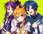  3boys blonde_hair folded_fan folding_fan green_background green_eyes grin hand_fan headphones headset holding holding_fan kagamine_len kaho_0102 kaito_(vocaloid) kamui_gakupo locked_arms long_hair looking_at_viewer male_focus multiple_boys nail_polish necktie open_mouth ponytail purple_hair sailor_collar scarf short_sleeves smile upper_body v violet_eyes vocaloid 