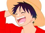  1boy ^_^ black_hair chromatic_aberration close-up closed_eyes hand_on_headwear hat hrkc0otk1 long_sleeves male_focus monkey_d._luffy one_piece open_mouth red_shirt scar scar_on_face shirt short_hair simple_background solo straw_hat white_background 